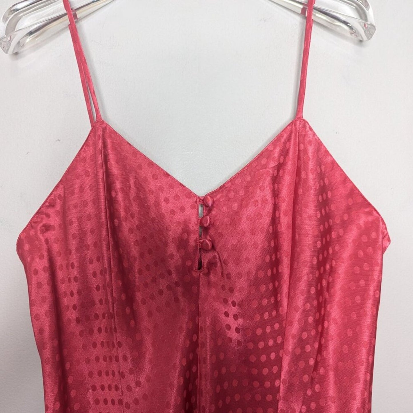 Vintage Bright Pink Monochromatic Polka Dot Pattern Satin Slip Dress Buttons