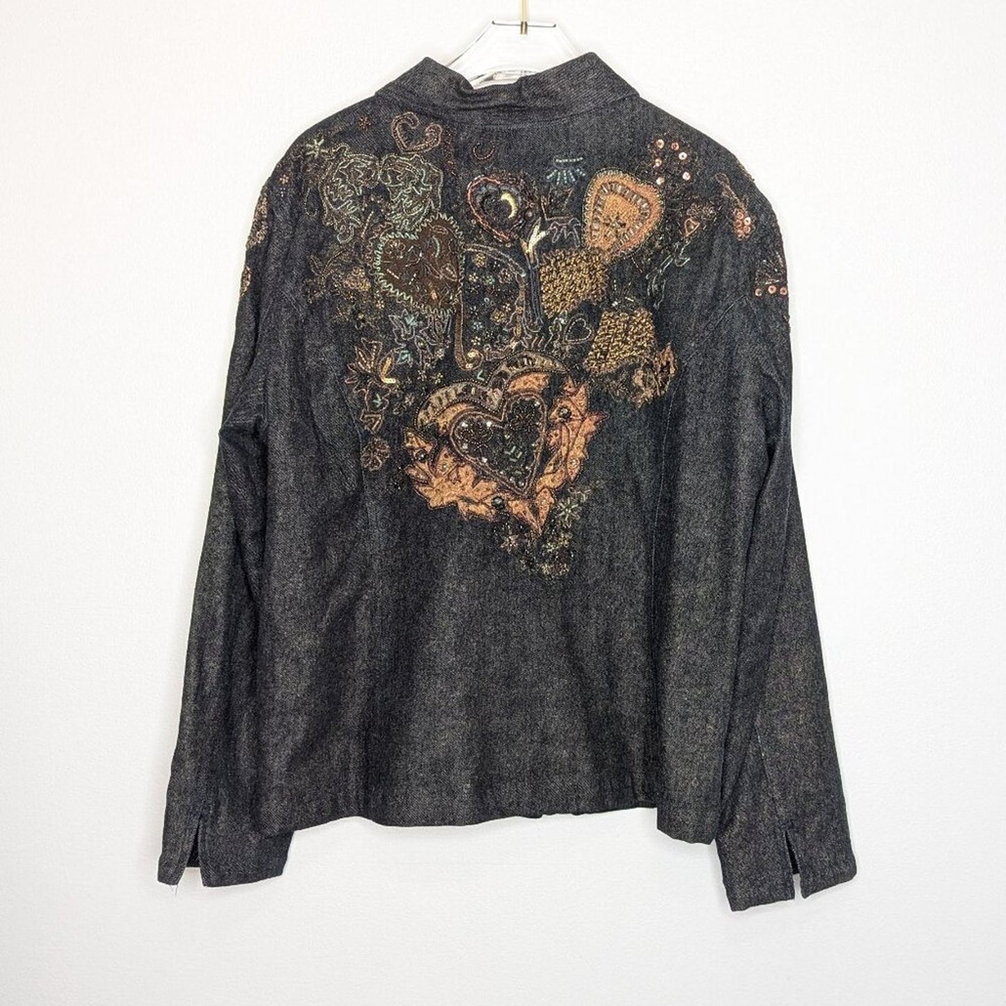 Chico's Vintage Embroidered Blue Denim Zip Up Jacket Hearts Beaded Sequins
