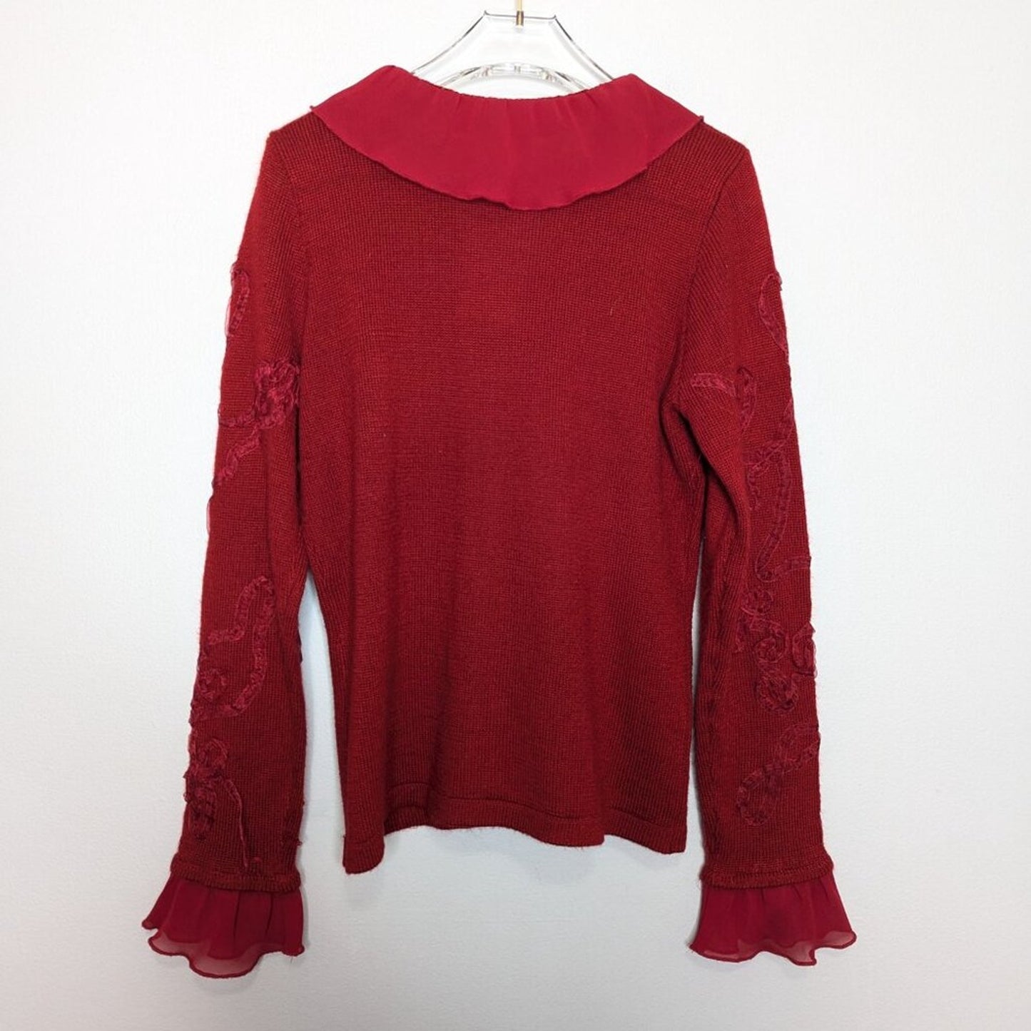Vintage Y2K Red Long Sleeve Button Up Cardigan Ruffle Trim V-Neck Size S