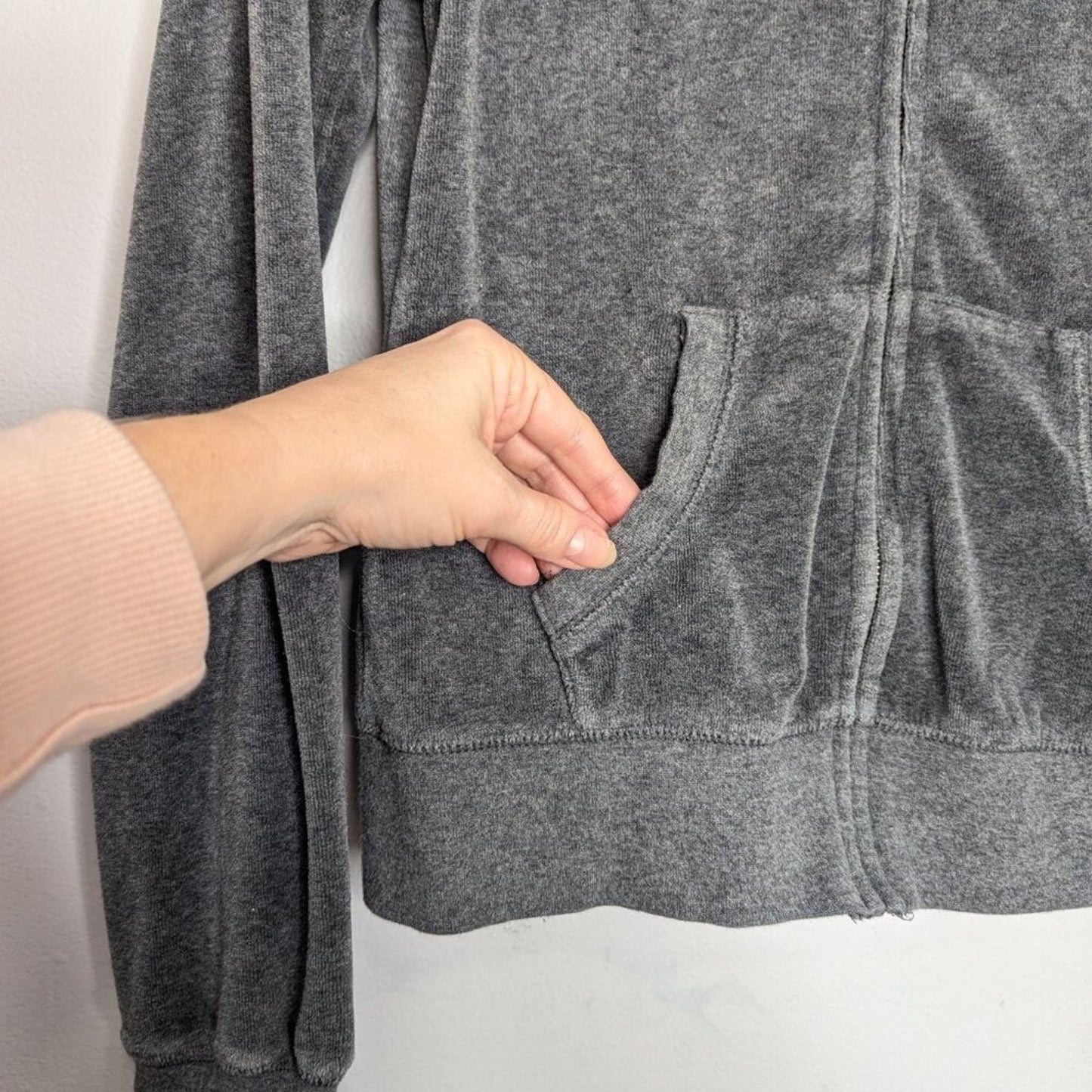 Romeo & Juliet Couture Gray Velour Zip Up Hoodie Jacket Rhinestone Smiley Face