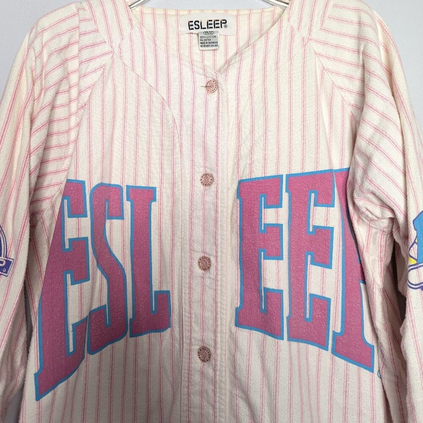 Esleep 90's Vintage Pink Baseball Jersey Flannel Sleep Shirt Graphic Print OS