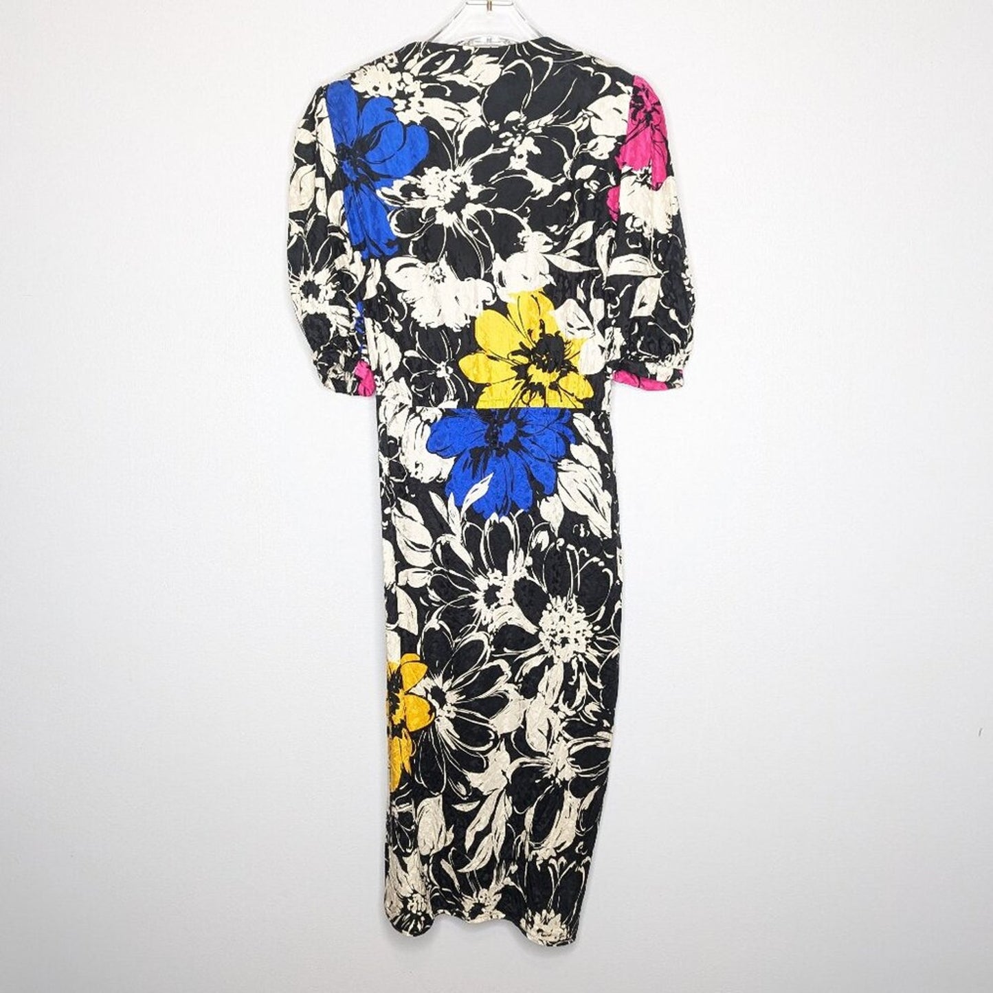 Vintage Jerri Sherman Bold Graphic Floral Print Silk Dress Black White Midi