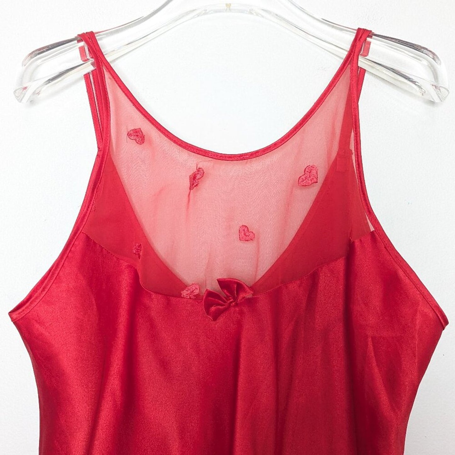 Vintage 90's Red Embroidered Heart Pattern Semi Sheer Slip Dress Nightie Bow M
