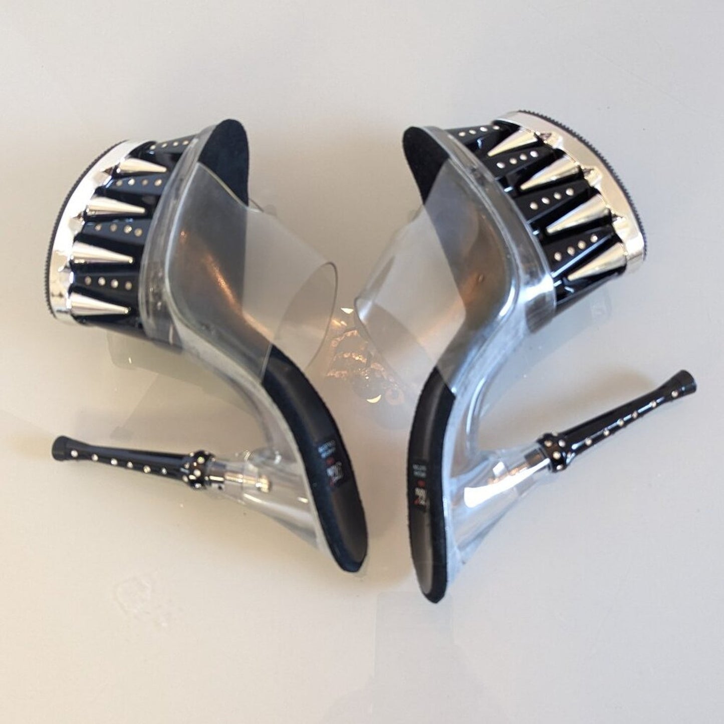 Y2K Tabu Chrome Black Shark Platform Stiletto Stripper Heels Rhinestone Studs 8