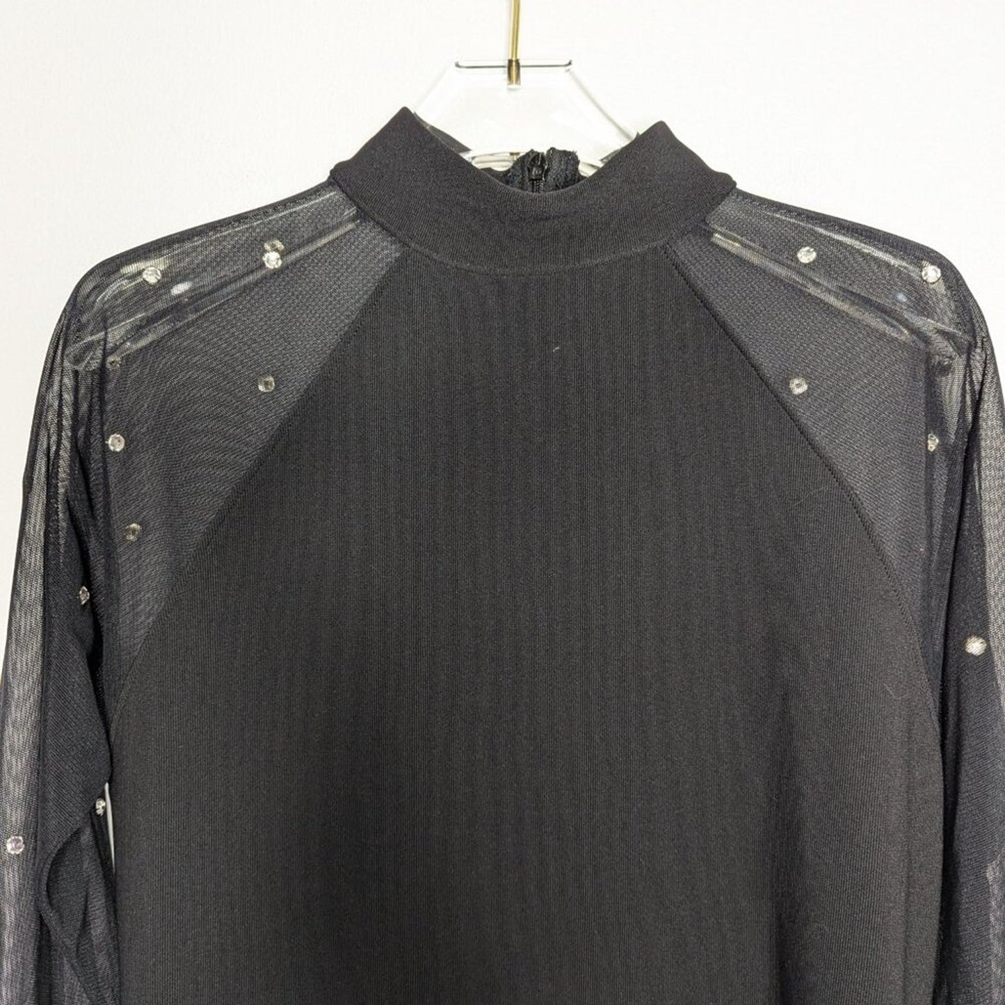 Carabella Vintage 90's Black Long Mesh Sleeve Mini Dress Bodycon Rhinestones