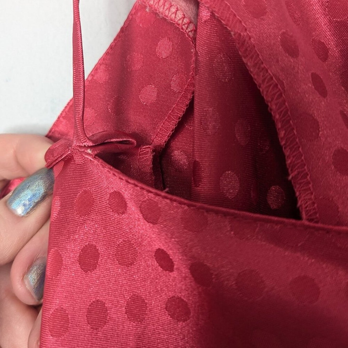 Vintage Bright Pink Monochromatic Polka Dot Pattern Satin Slip Dress Buttons