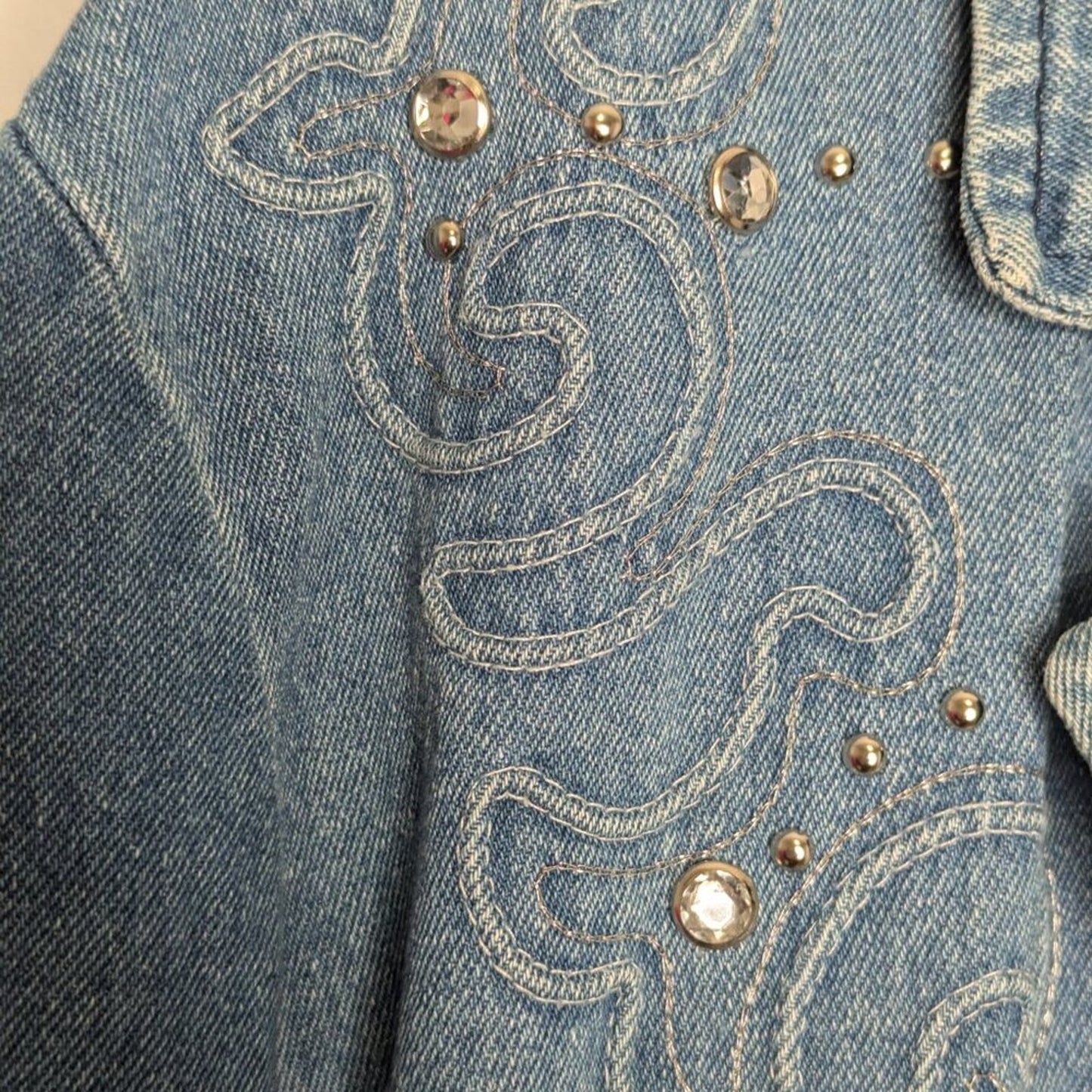 Vintage Blue Denim Long Sleeve Rhinestone Studded Blazer Gabby And Claudia M