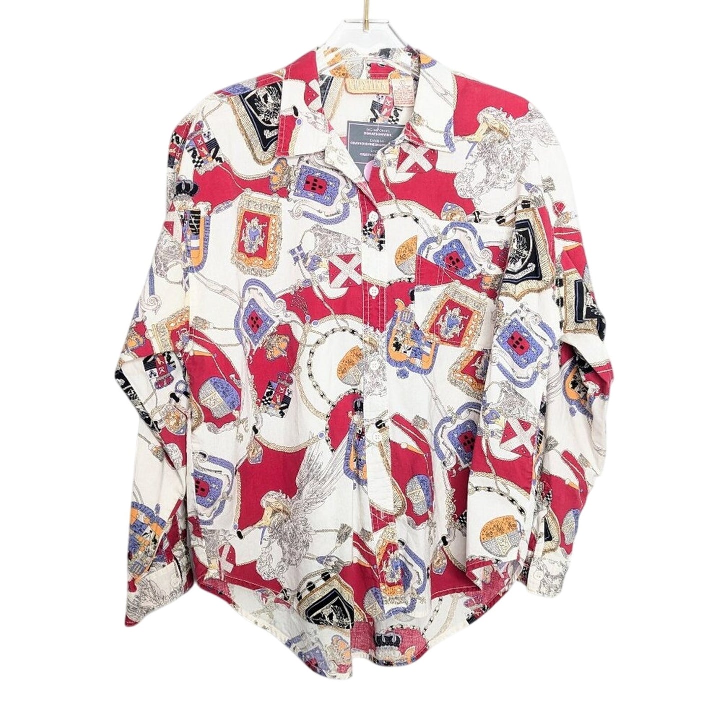 Vintage 90's Long Sleeve Royal Crest Shield Pattern Button Up Shirt White Pink