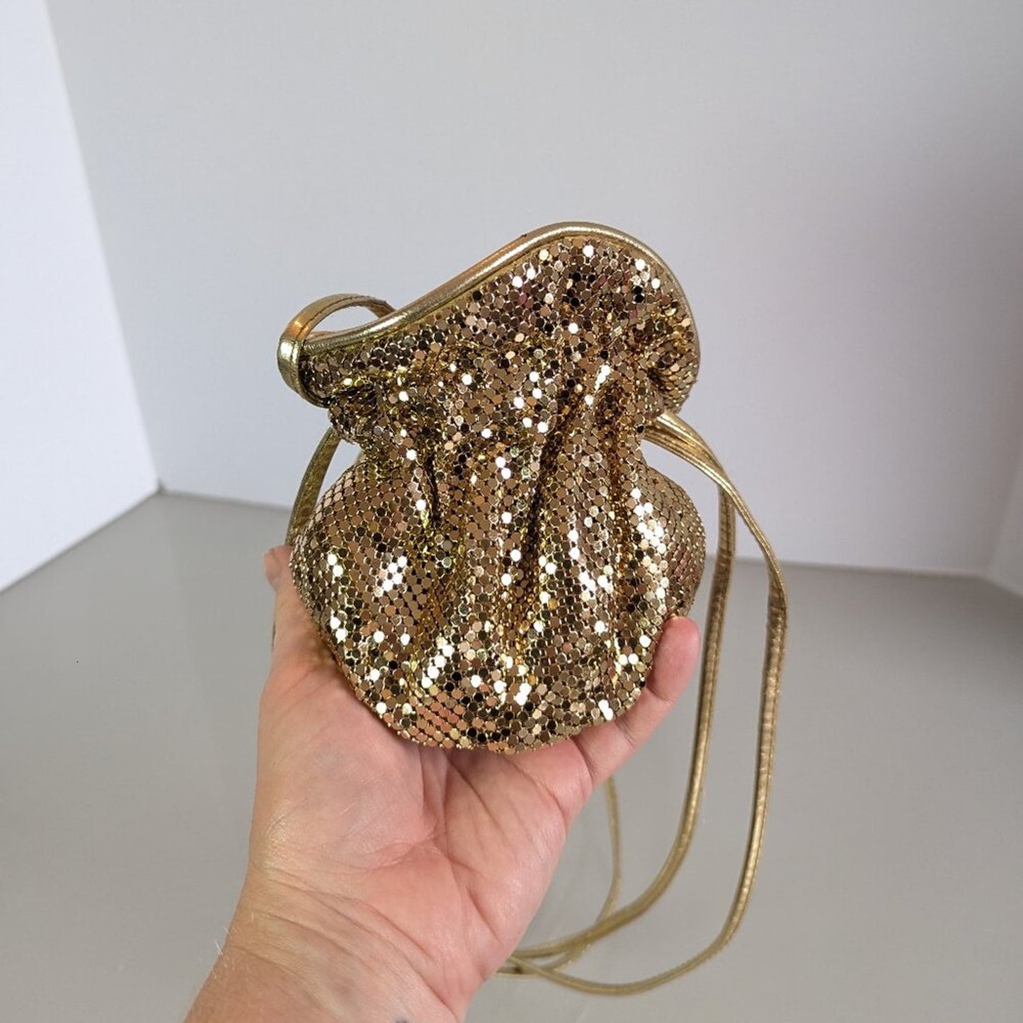 Whiting And Davis Vintage Gold Mesh Mini Drawstring Bucket Bag Disco Metallic