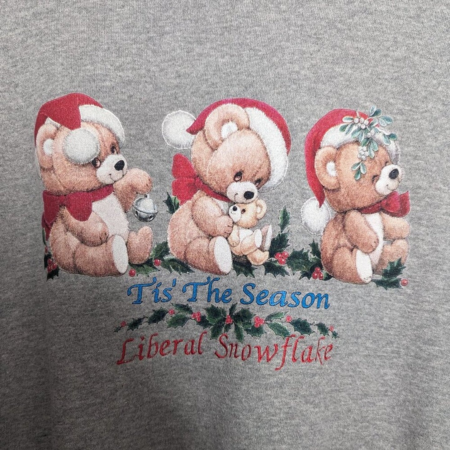 Upcycled Vintage Gray Liberal Snowflake Holiday Sweatshirt Teddy Bears Crewneck