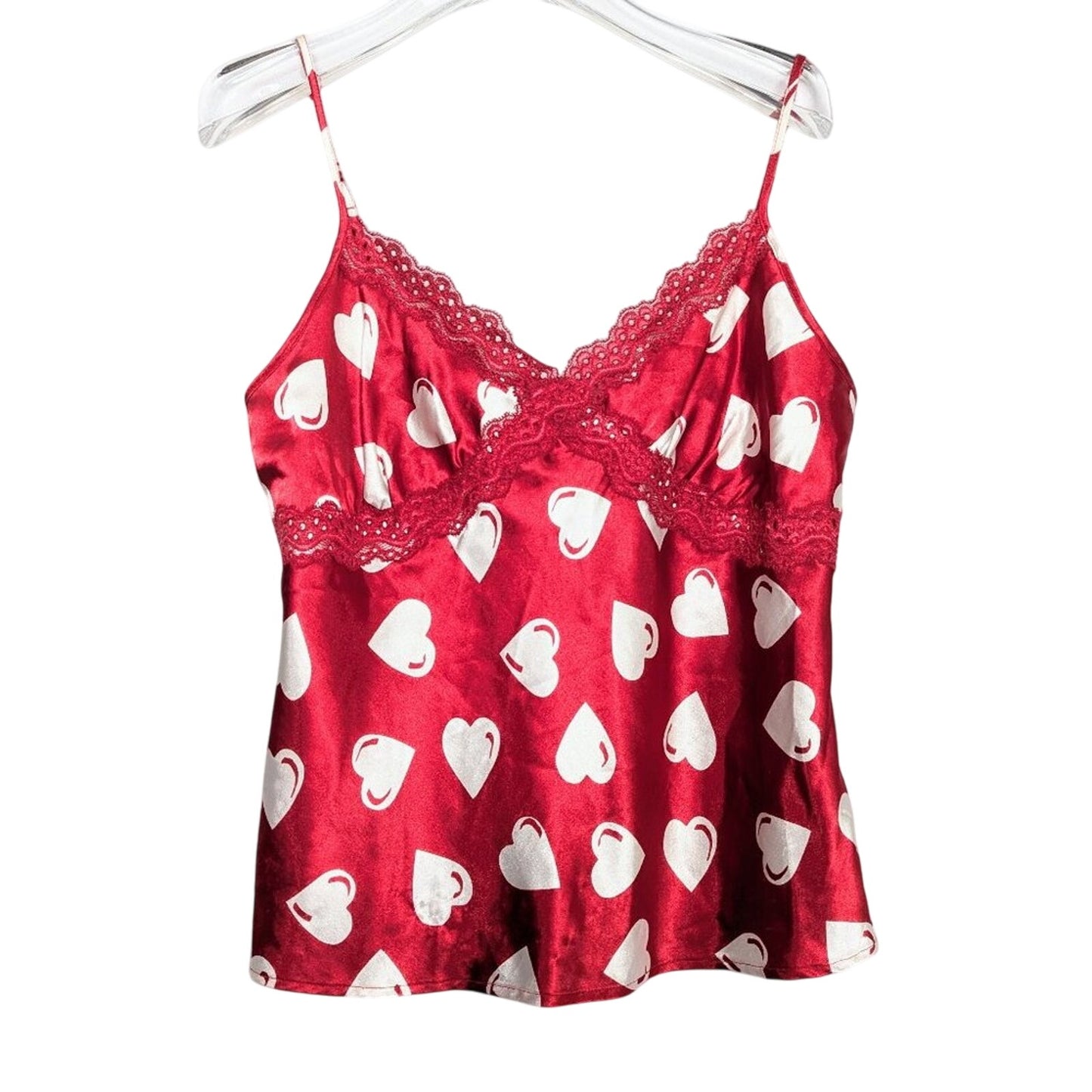 Vintage Y2K Red Satin Heart Print Cami Lace Trim Spaghetti Straps V-Neck Size M