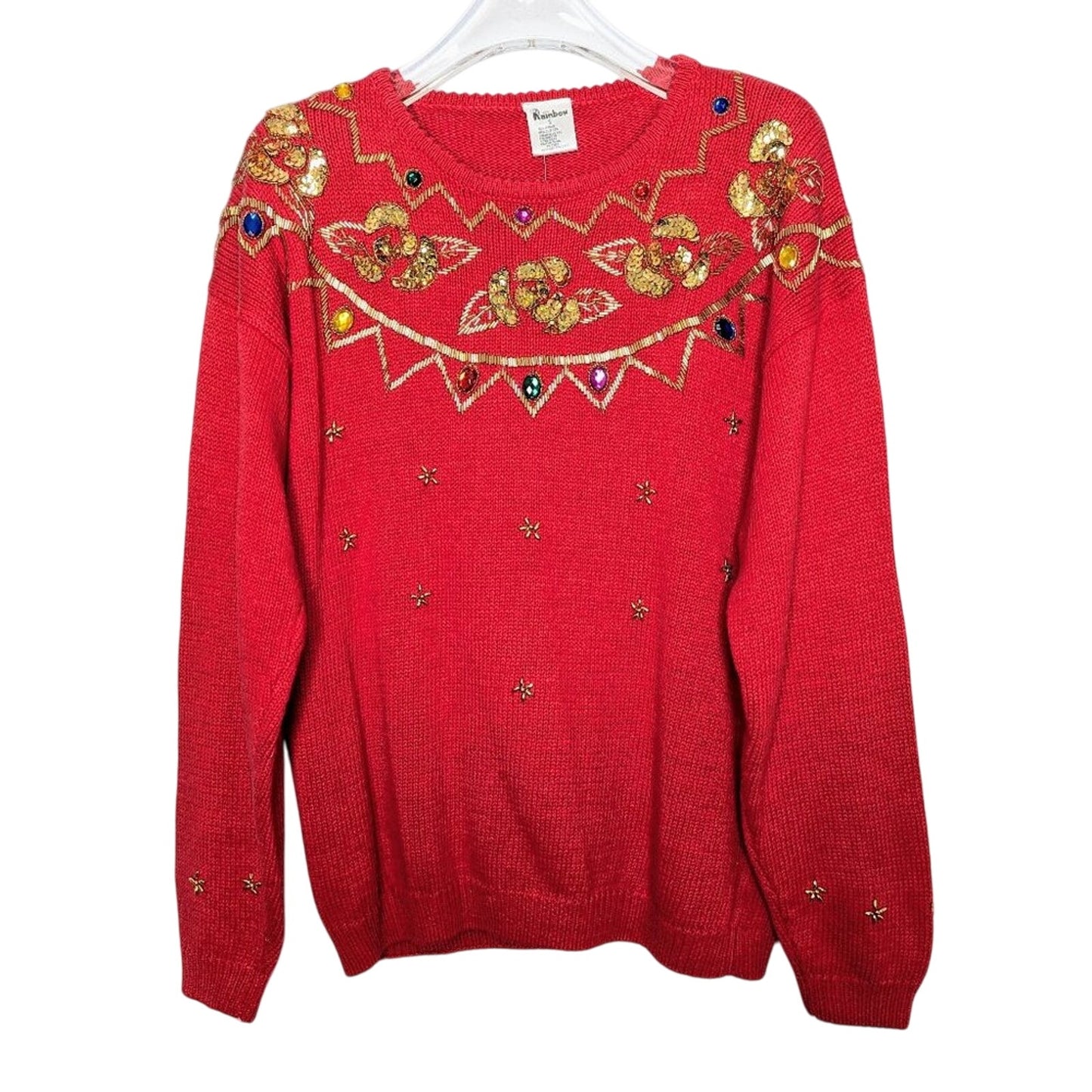Vintage Red Crew Neck Long Sleeve Sweater Gold Beaded Sequins Rhinestones Floral