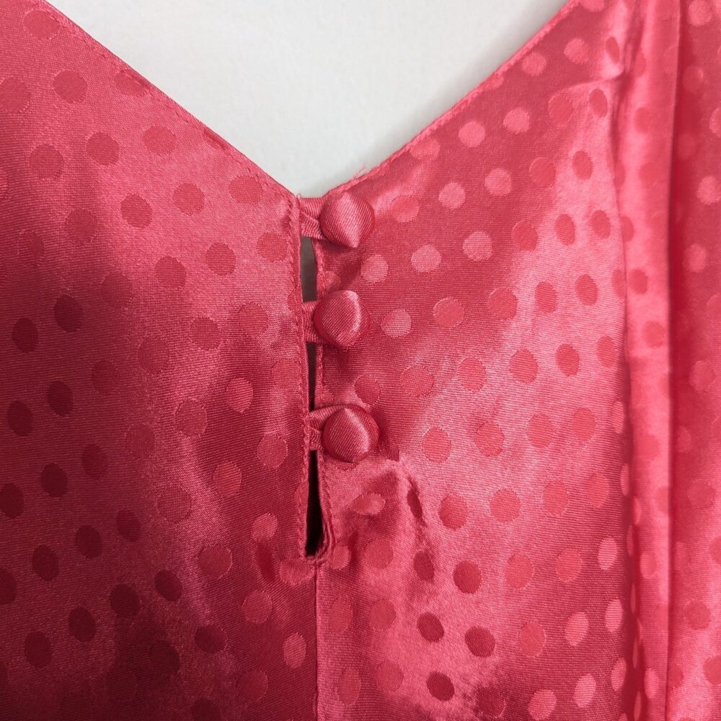 Vintage Bright Pink Monochromatic Polka Dot Pattern Satin Slip Dress Buttons