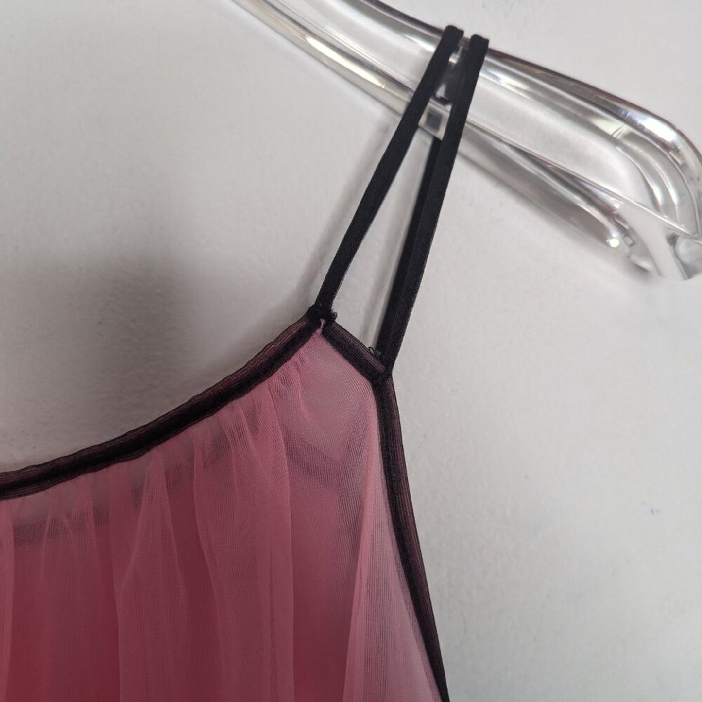 Vintage 60's Bright Pink Nightgown Black Lace Trim Spaghetti Straps Berkliff