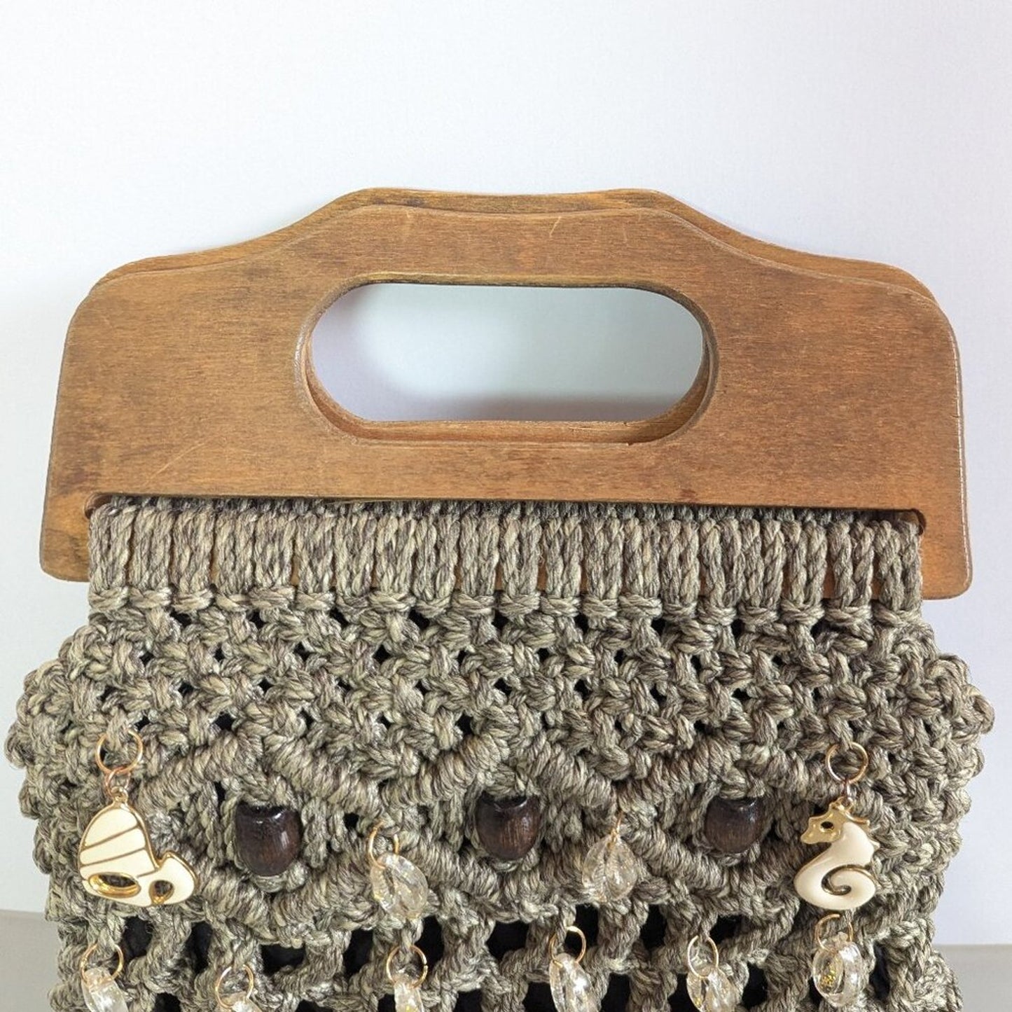 Vintage Taupe Macrame Bag Double Wooden Handle Upcycled Jewelry Charms Shells