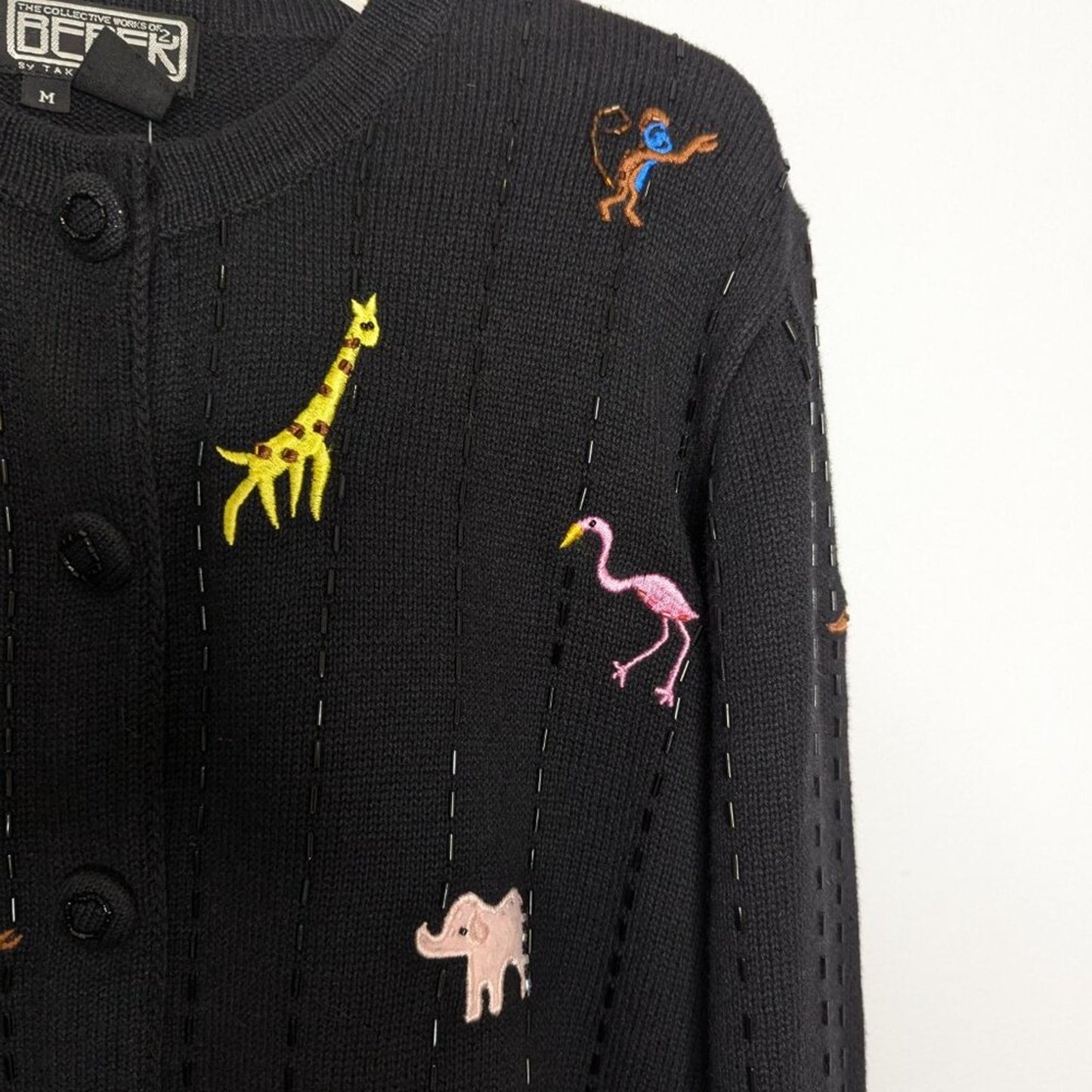 Vintage Berek Black Long Sleeve Beaded Zoo Animals Cardigan Lion Flamingo Monkey