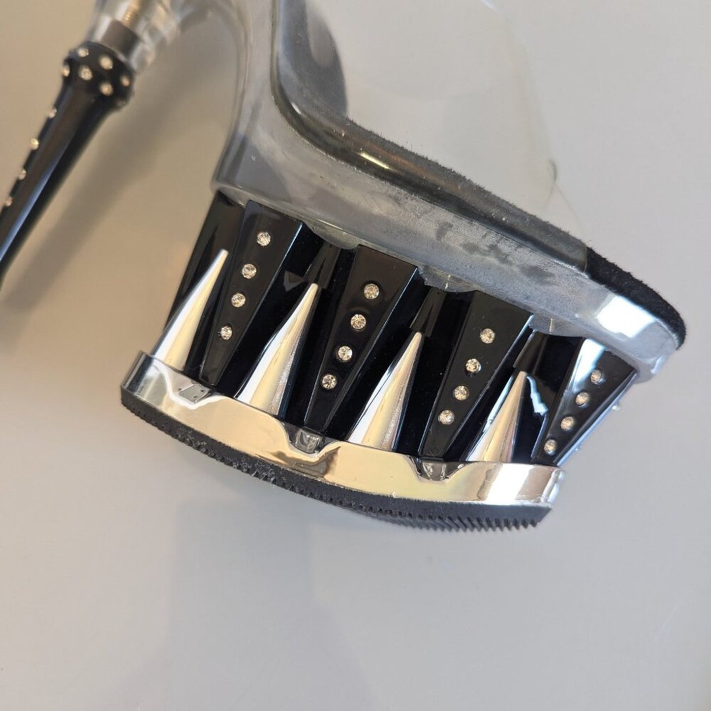 Y2K Tabu Chrome Black Shark Platform Stiletto Stripper Heels Rhinestone Studs 8