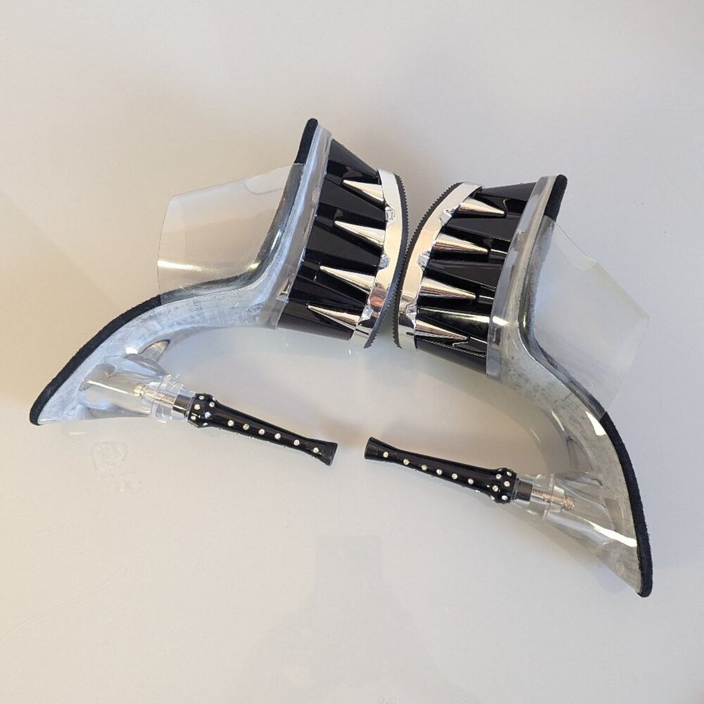 Y2K Tabu Chrome Black Shark Platform Stiletto Stripper Heels Rhinestone Studs 8