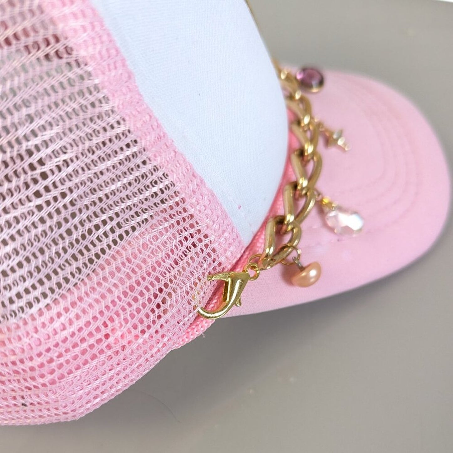 Upcycled Jewelry Charm Hat Chain Pink Smiley Face Adjustable Trucker Hat