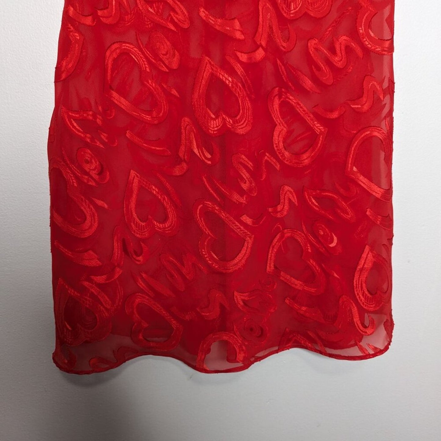 Vintage 90's Red Heart Pattern Semi Sheer Slip Dress Nightie Scoop Neck Size XL