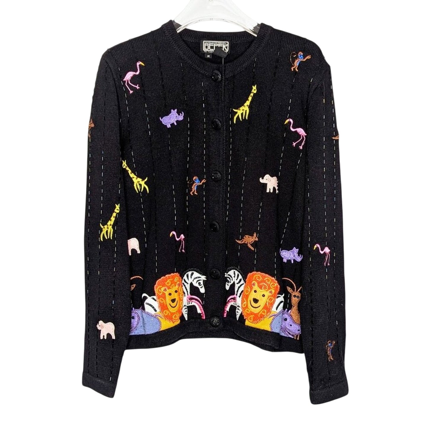 Vintage Berek Black Long Sleeve Beaded Zoo Animals Cardigan Lion Flamingo Monkey