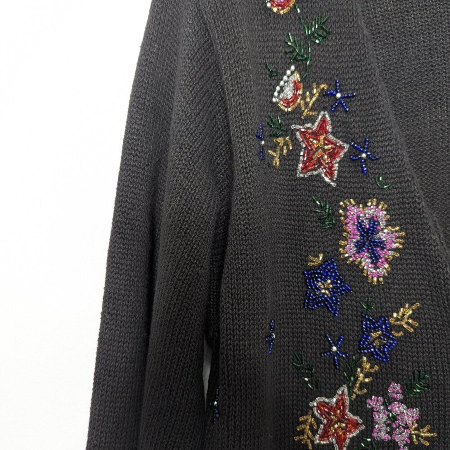 Vintage Victoria Jones Black V-Neck Long Sleeve Floral Beaded Cardigan Sweater
