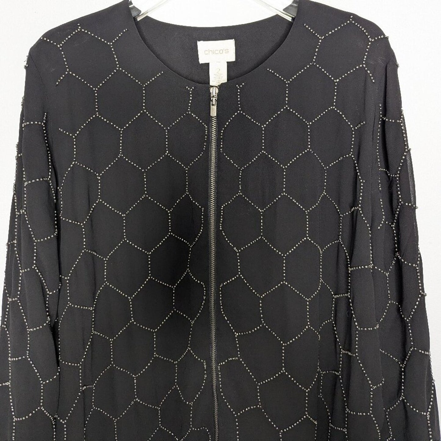 Chico's Black Long Sleeve Beaded Bomber Jacket Full Zip Round Neck NWT