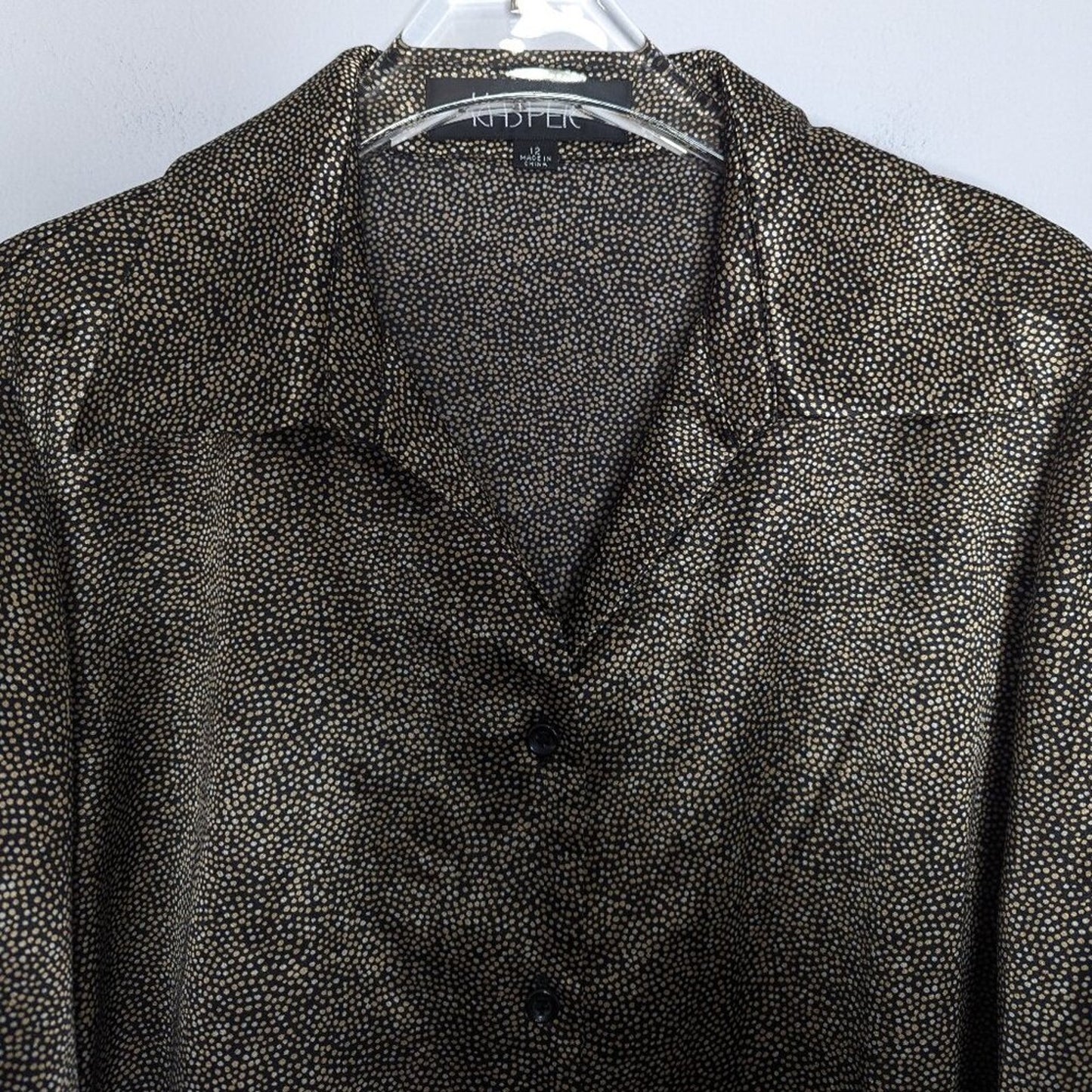 Vintage Black Gold Tiny Polka Dot Pattern Satin Shirt Button Up Long Sleeve 12