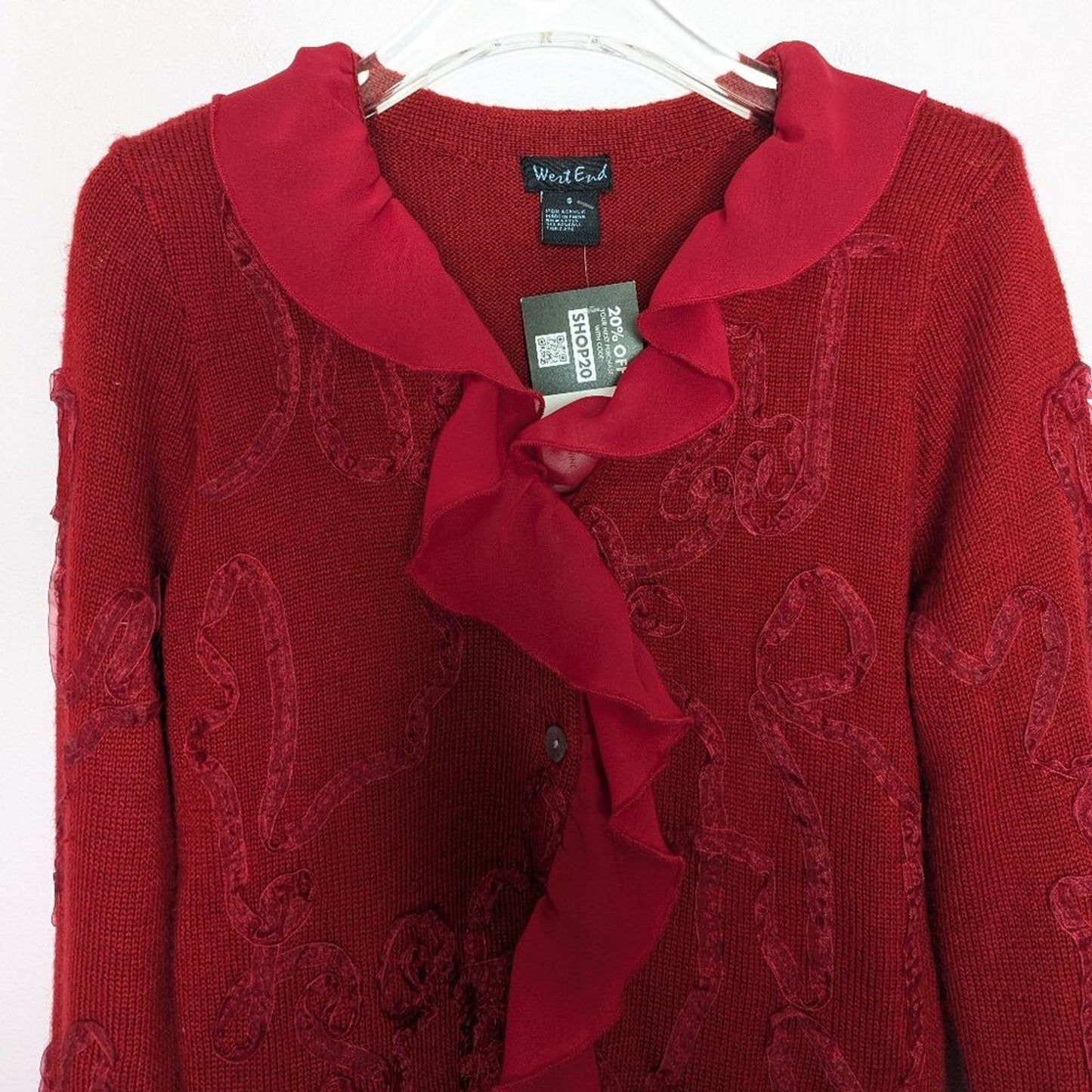 Vintage Y2K Red Long Sleeve Button Up Cardigan Ruffle Trim V-Neck Size S
