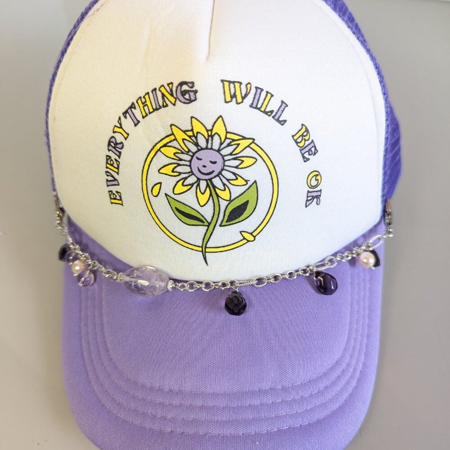 Upcycled Silver Jewelry Charm Hat Chain Purple Floral Adjustable Trucker Hat