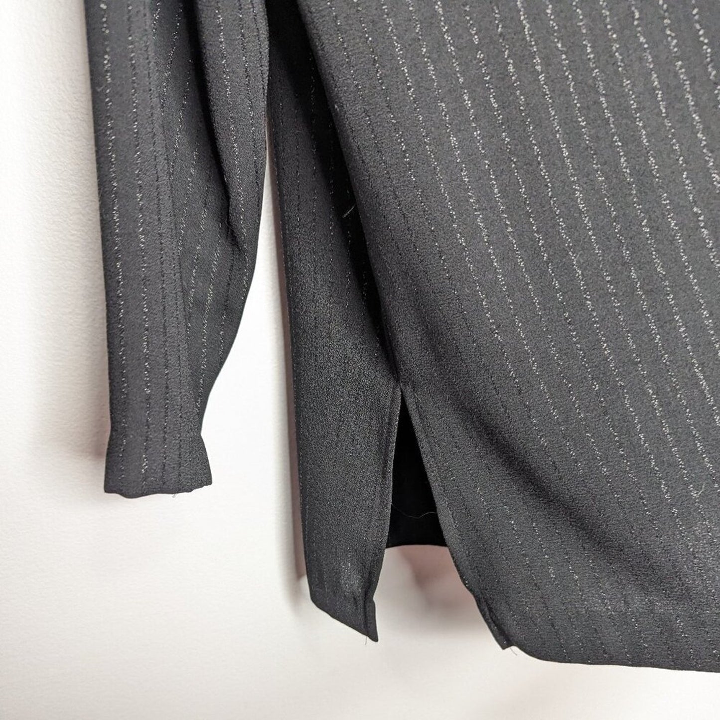 Vintage 90's Black Mandarin Collar Metallic Pin Stripe Top Long Sleeve Button Up