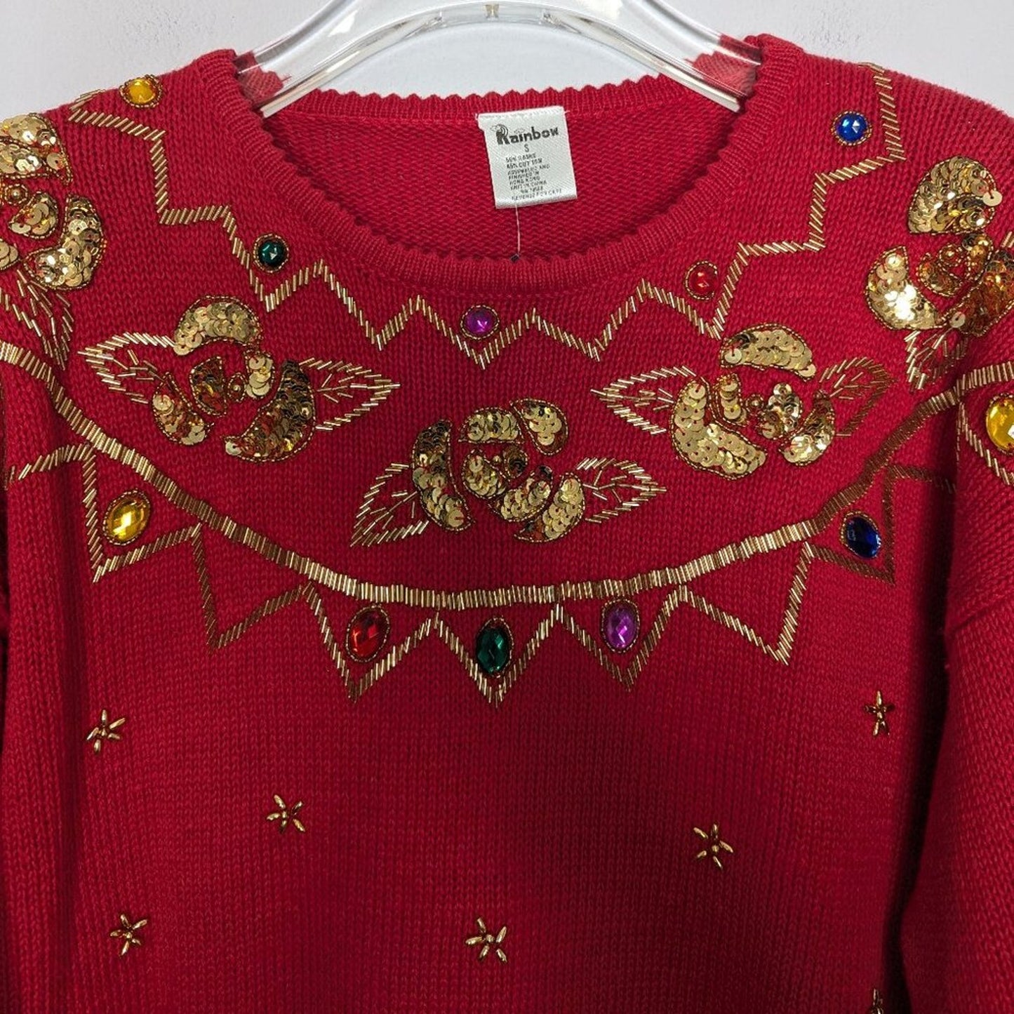 Vintage Red Crew Neck Long Sleeve Sweater Gold Beaded Sequins Rhinestones Floral