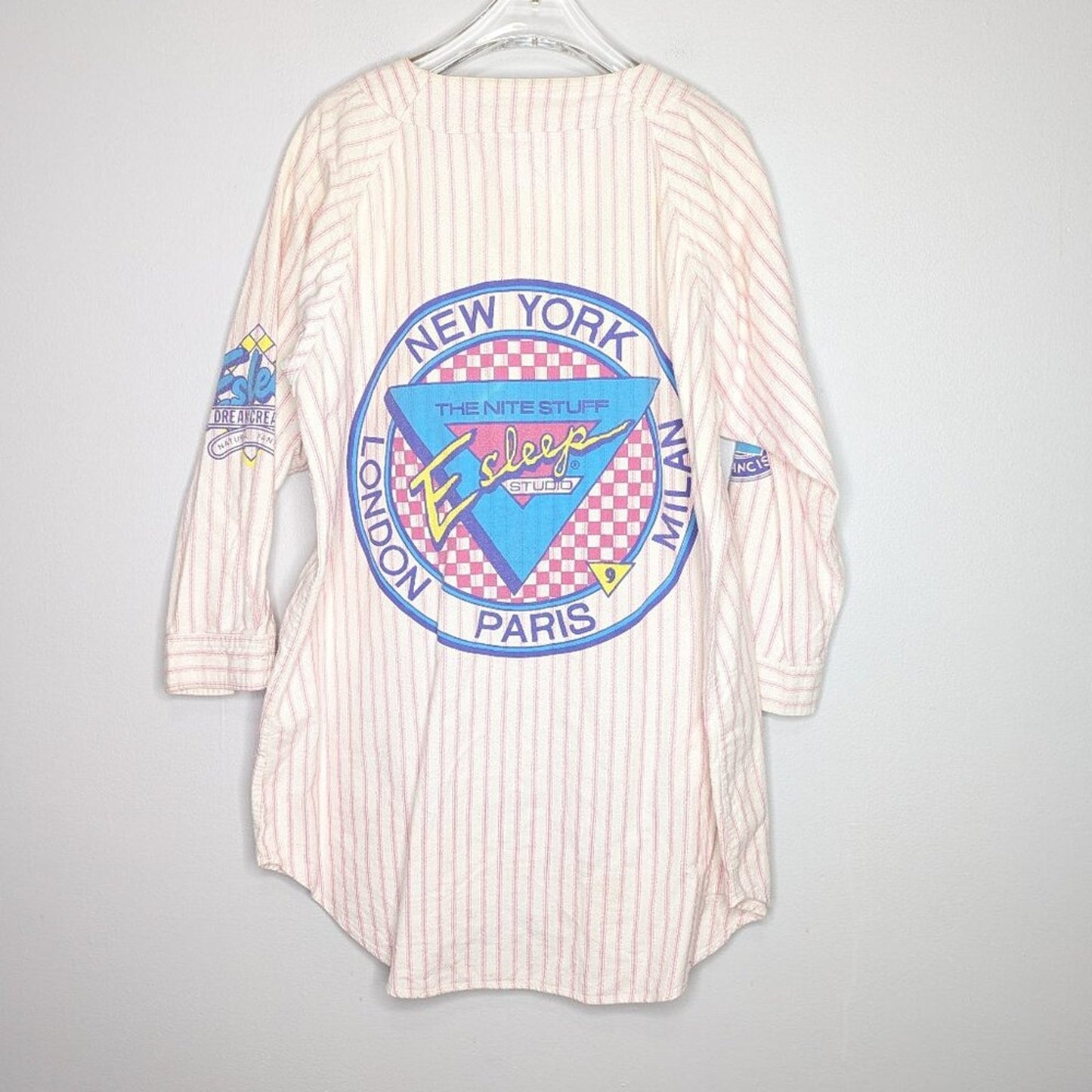 Esleep 90's Vintage Pink Baseball Jersey Flannel Sleep Shirt Graphic Print OS