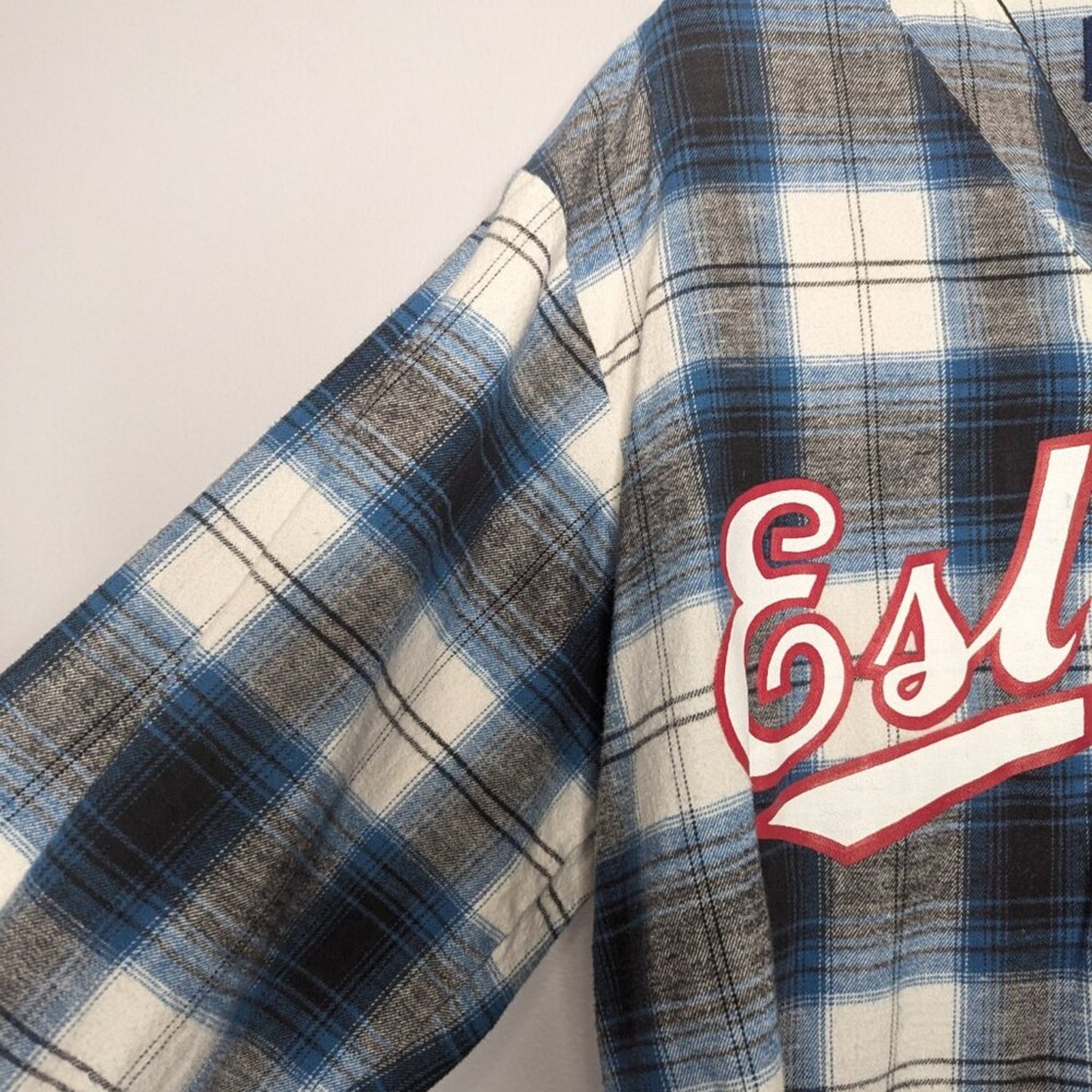 Vintage Blue Plaid Esleep 90's Baseball Jersey Flannel Sleep Shirt Long Sleeve