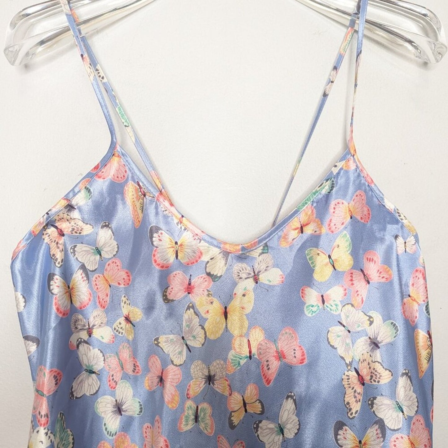 Vintage 90's Blue Satin Butterfly Pattern Slip Dress Spaghetti Straps Sleeveless