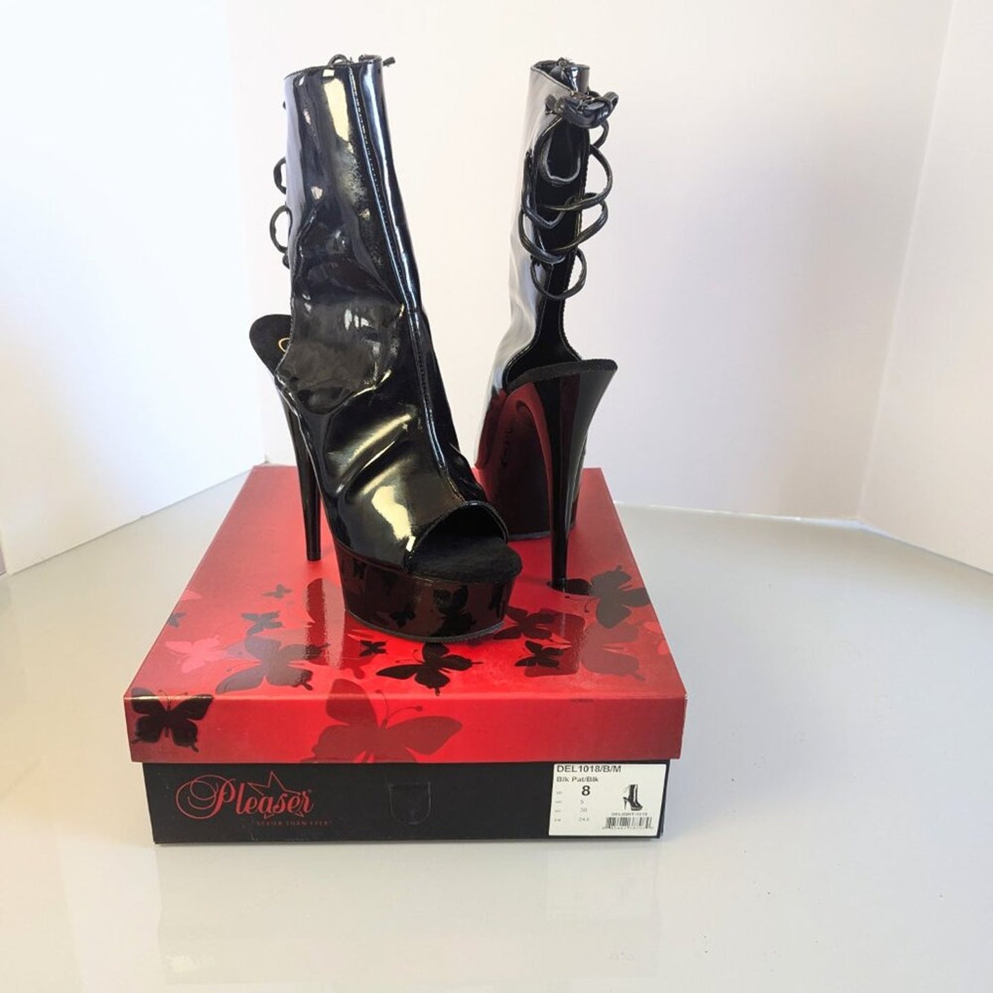 Y2K Pleaser Delight 1018 Black Patent Ankle Boot Platform Heels Peep Toe Size 8