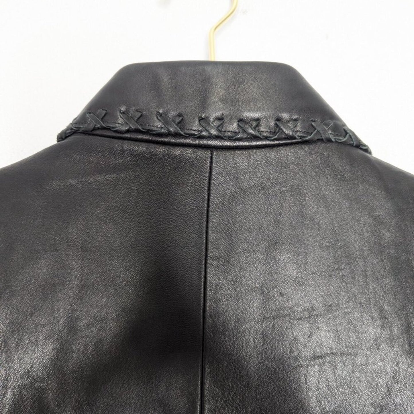 Vintage Jones New York Black Leather Long Sleeve Blazer Lace Up Stitch Trim L