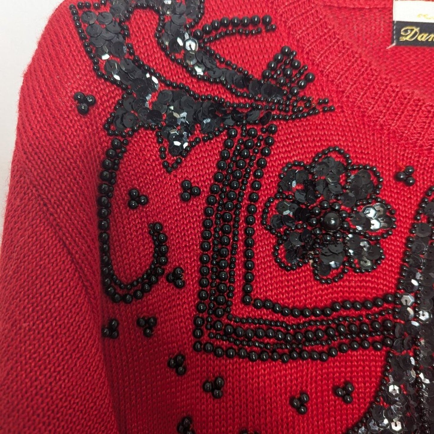 Vintage Dana Scott Red Long Sleeve Black Beaded Button Up Cardigan Crew Neck S