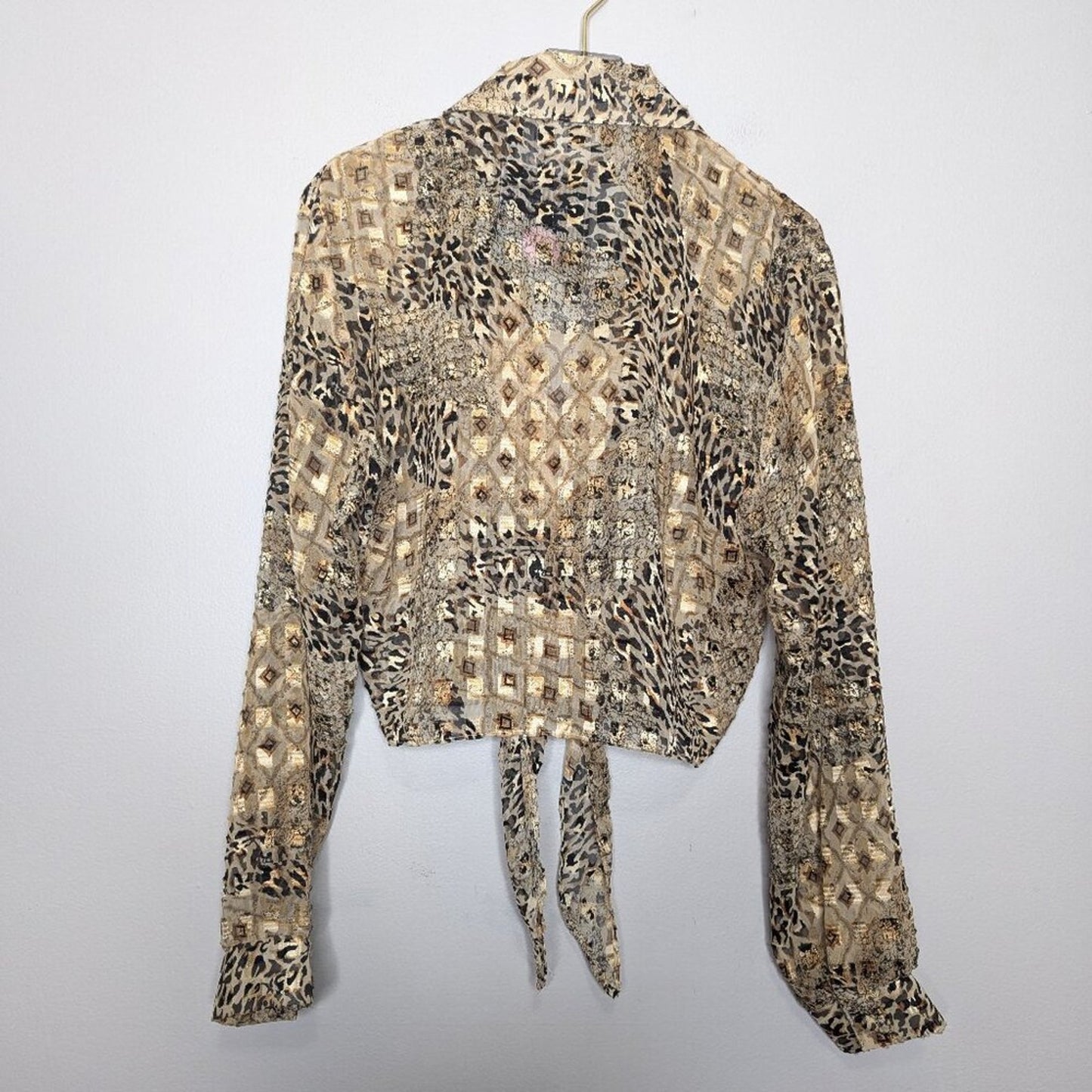 Vintage 90's Animal Print Long Sleeve Tie Front Shirt Collared Leopard Metallic