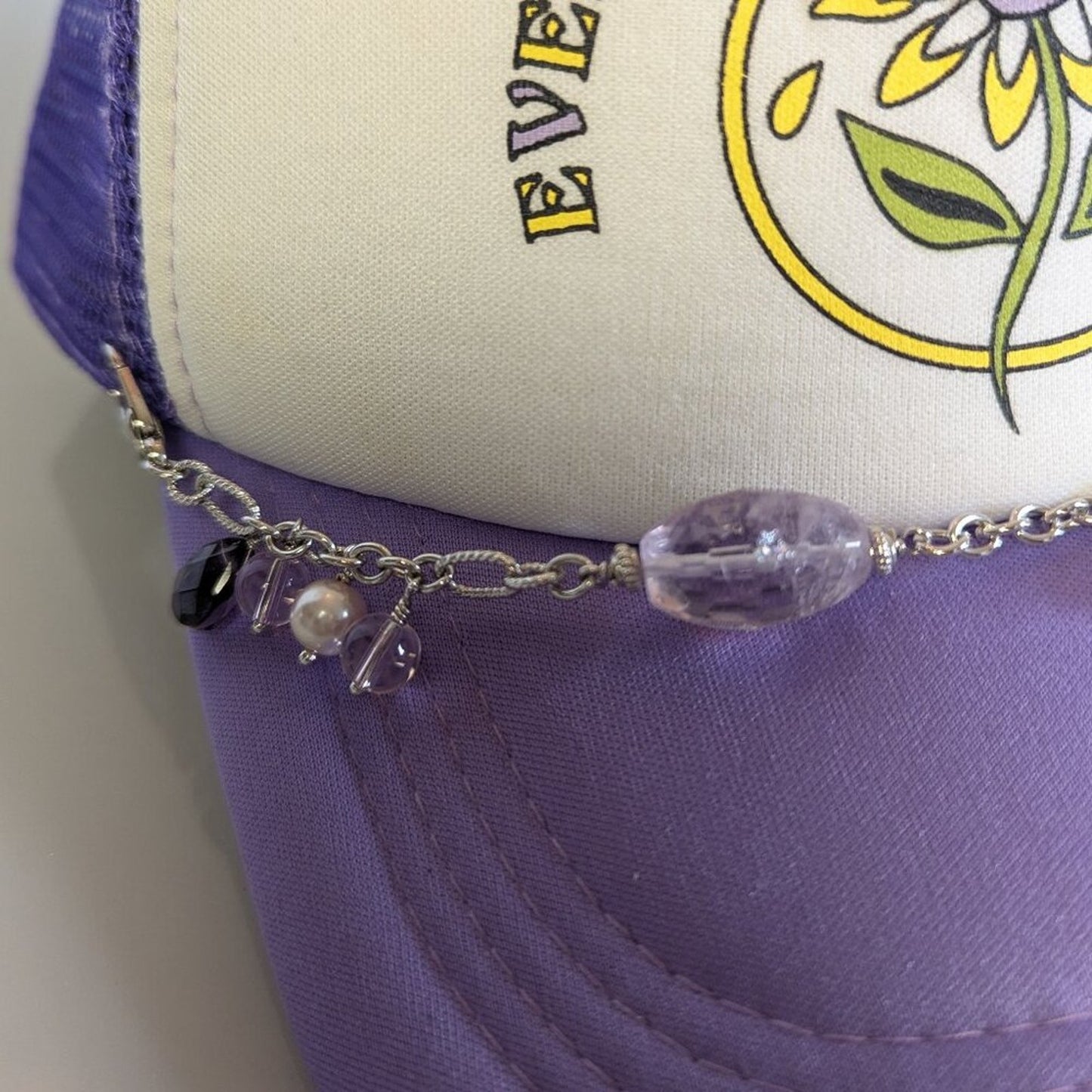 Upcycled Silver Jewelry Charm Hat Chain Purple Floral Adjustable Trucker Hat