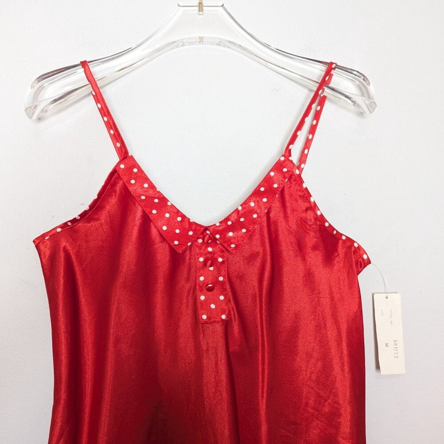 Body Drama Vintage 90's Red Satin Mini Slip Dress Polka Dot Collar Button Detail