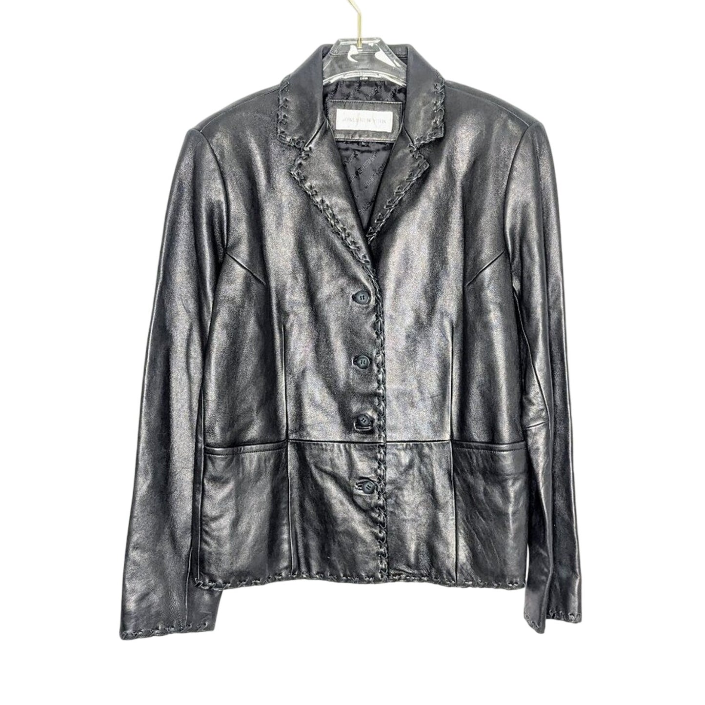 Vintage Jones New York Black Leather Long Sleeve Blazer Lace Up Stitch Trim L