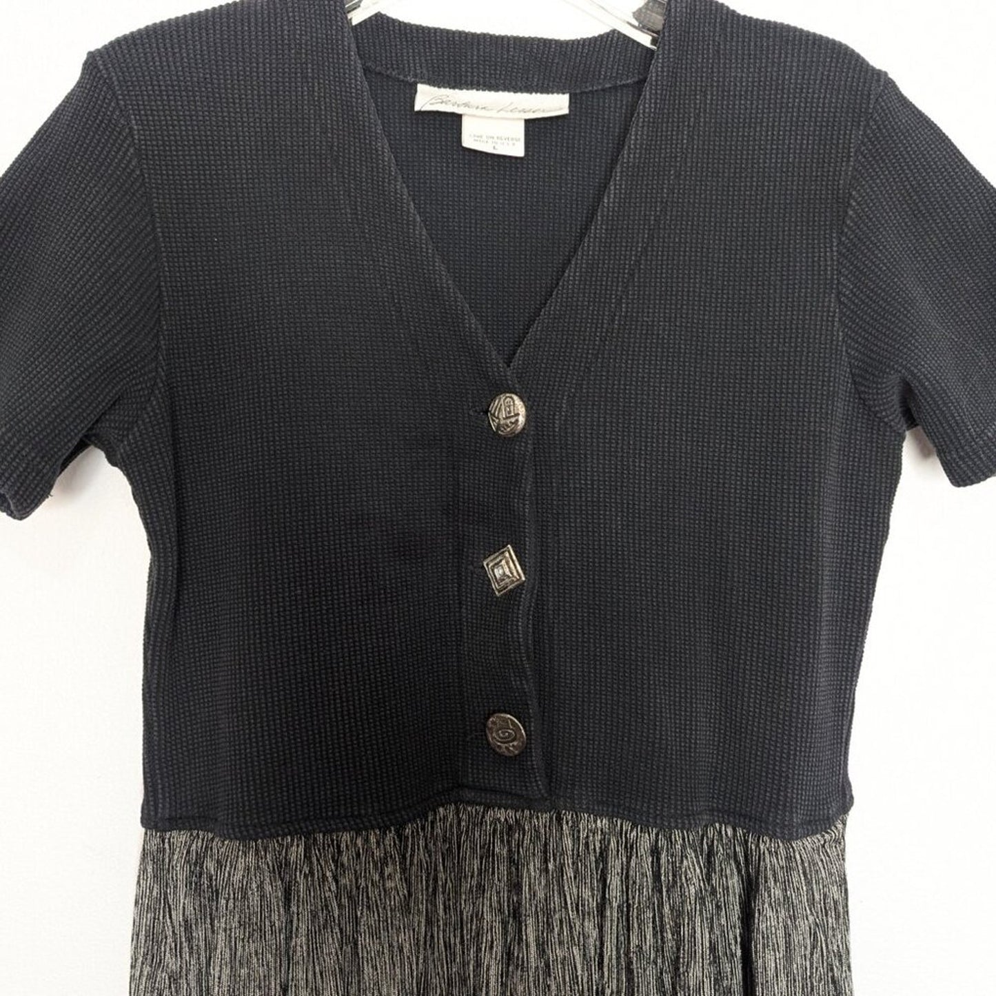 Vintage 90's Barbara Lesser Black Short Sleeve Boho Babydoll Dress V-Neck Grunge
