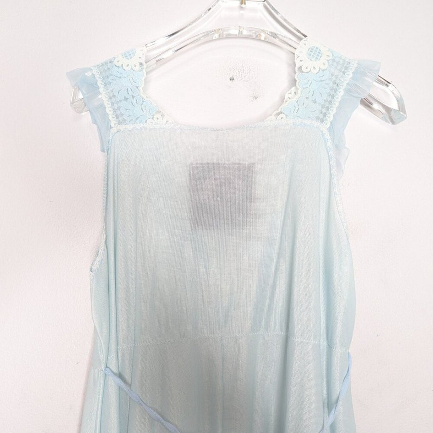 Vintage 1960's Baby Blue Sleeveless V-Neck Maxi Nightgown Floral Daisy Lace Trim