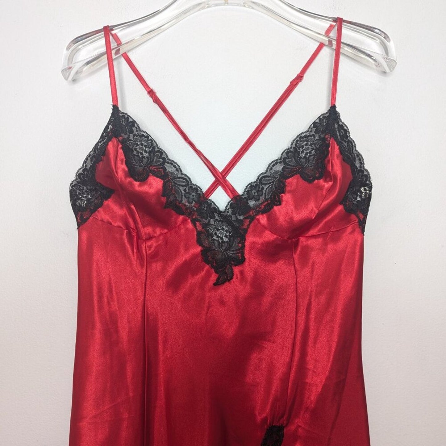 Frederick's of Hollywood Vintage Red Satin Slip Dress Black Lace Trim Cross Back