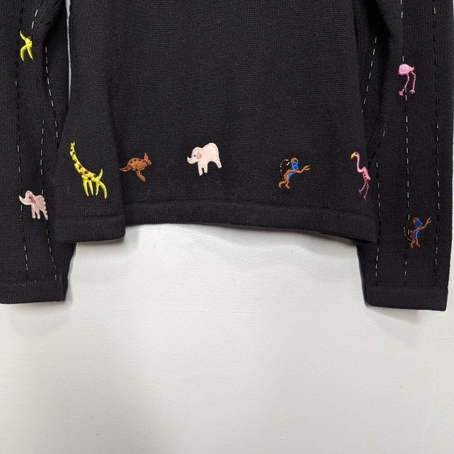 Vintage Berek Black Long Sleeve Beaded Zoo Animals Cardigan Lion Flamingo Monkey