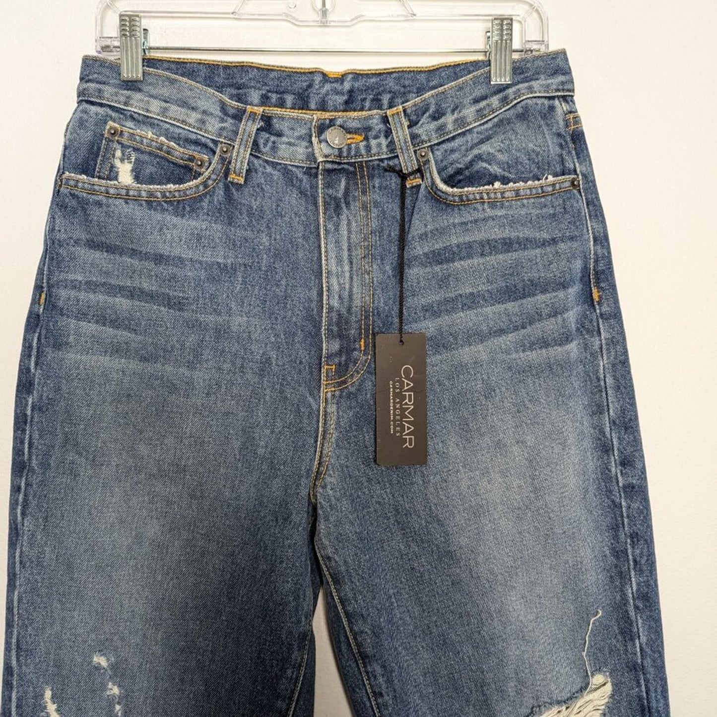Carmar Blue Denim High Rise Straight Leg Distressed Ursula Jeans Size 29 NWT