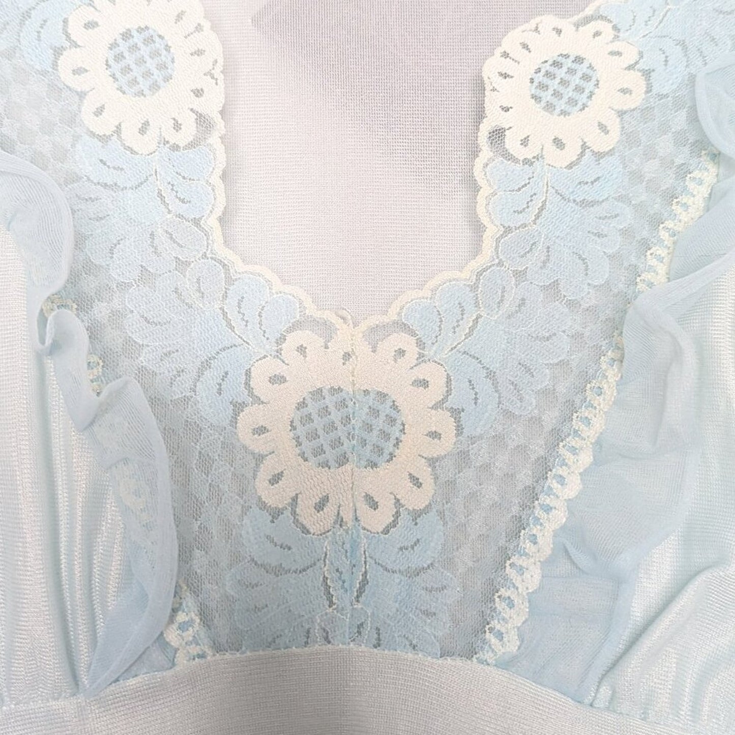 Vintage 1960's Baby Blue Sleeveless V-Neck Maxi Nightgown Floral Daisy Lace Trim