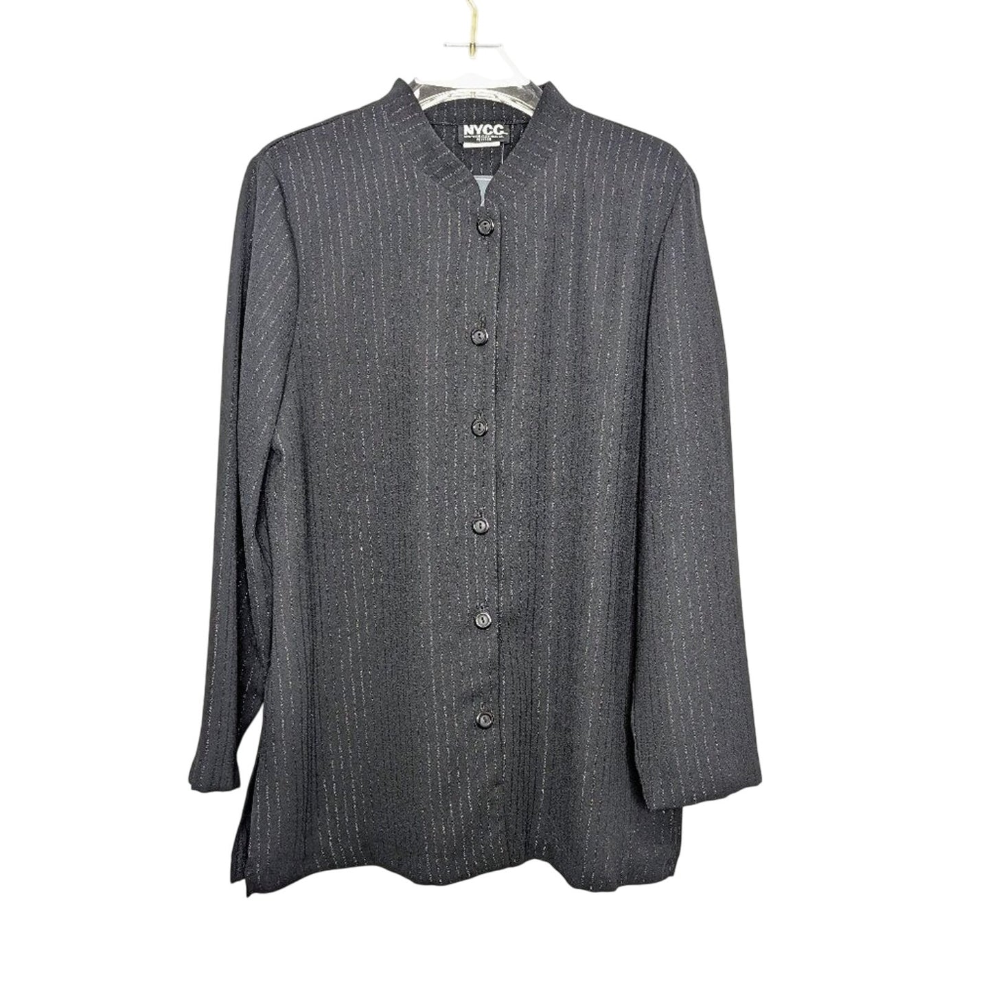 Vintage 90's Black Mandarin Collar Metallic Pin Stripe Top Long Sleeve Button Up