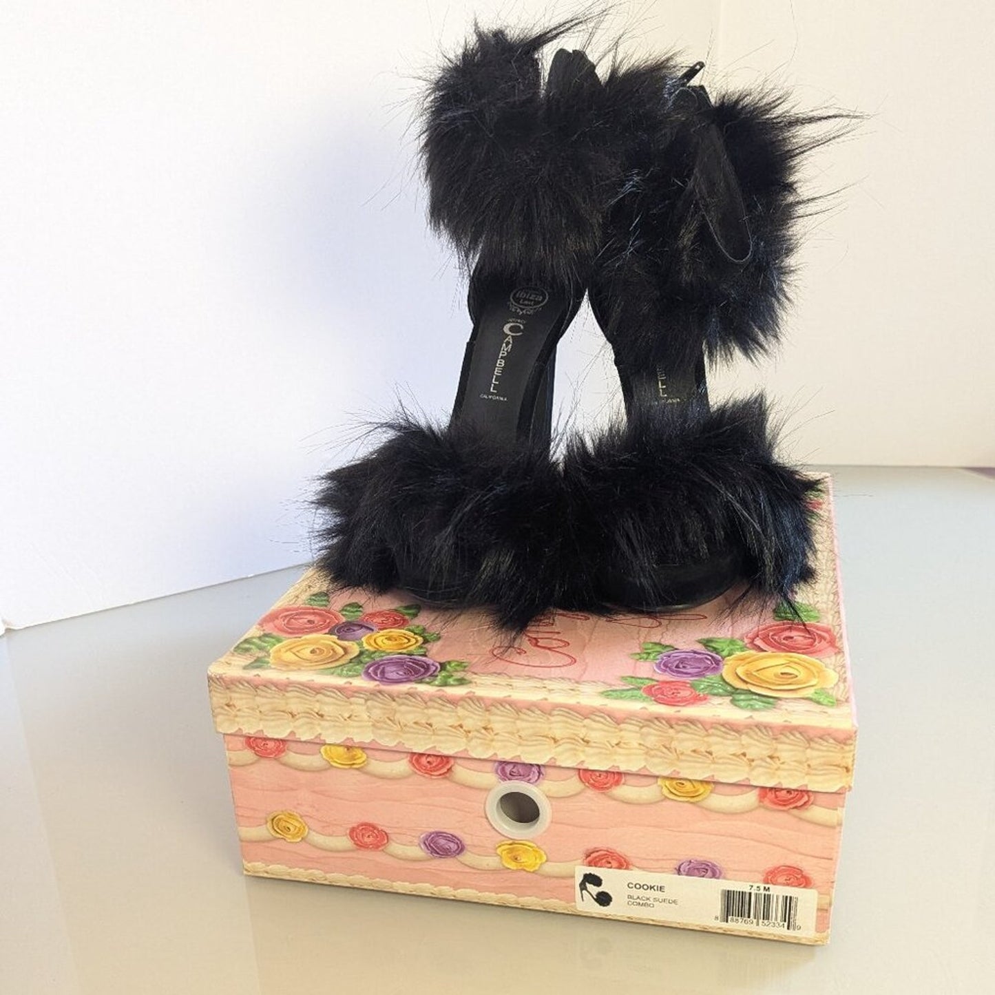Jeffrey Campbell Black Faux Fur Cookie Heels Open Toe Stiletto Fuzzy Y2K 7.5